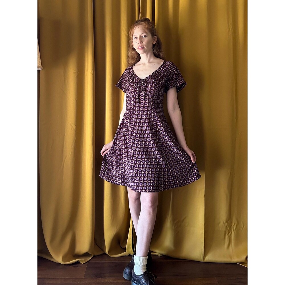Vintage 1990s A-line Flower Patterned Mini Dress, Large - Picture 2 of 8